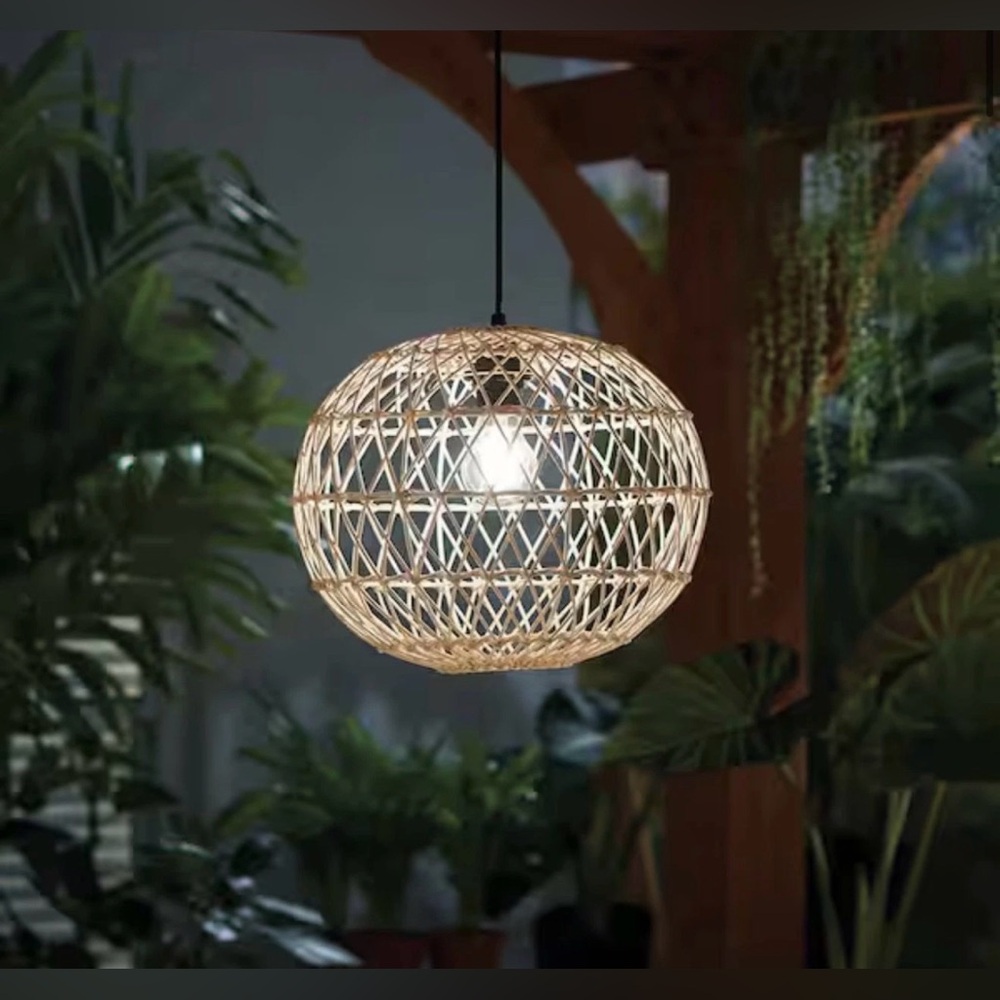 Hampton Bay Ashville 1-Light Brown Rattan Solar LED Outdoor Pendant Light Patio